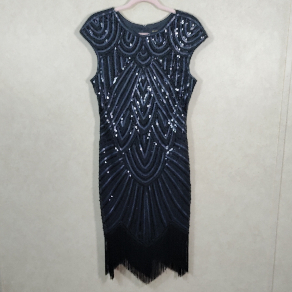 H151 Babeyond black beaded, sequin & fringe 20's style cocktail dress L